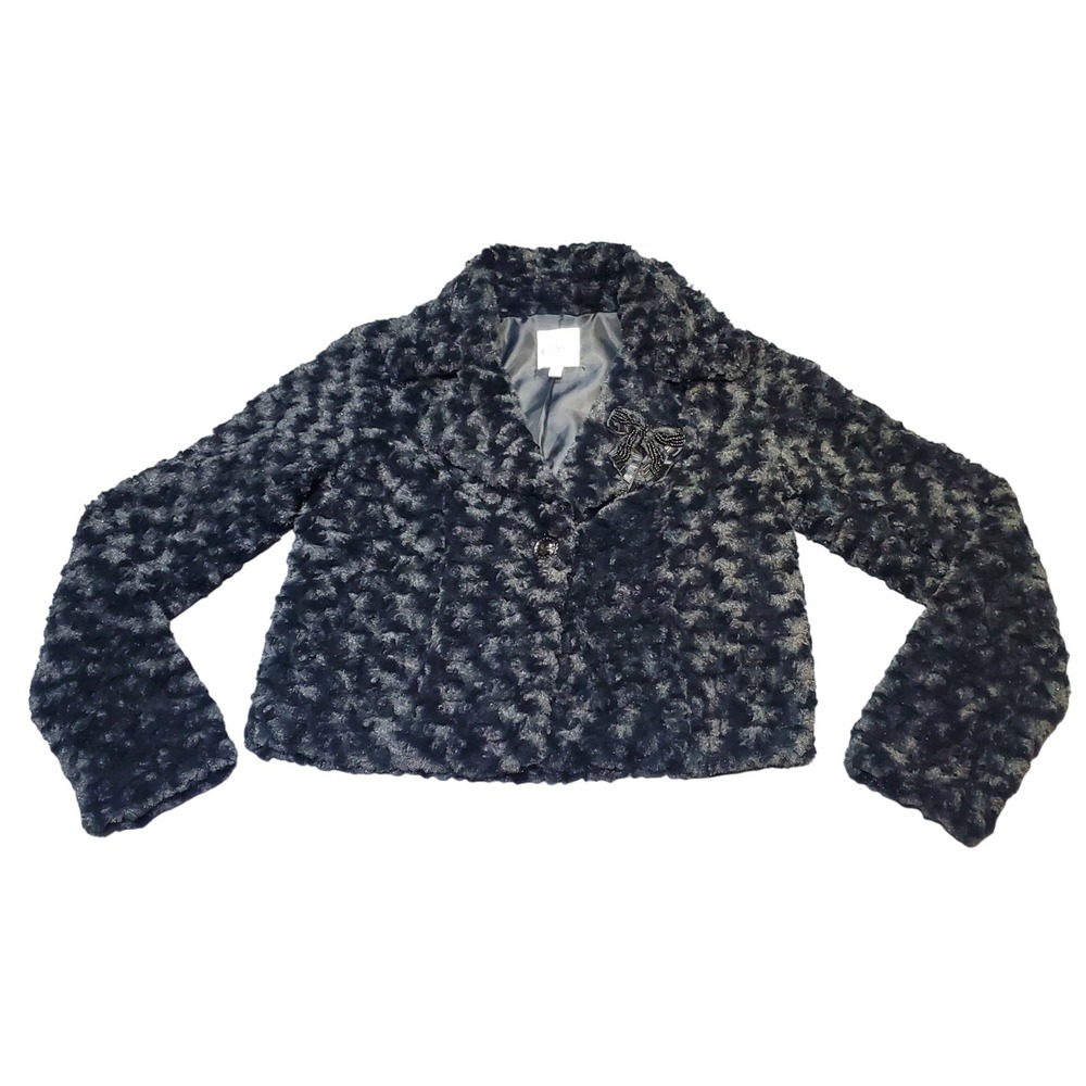 Candie's Faux Fur Cropped Jacket Small Black Beaded Bow Y2K Holiday Party Bolero